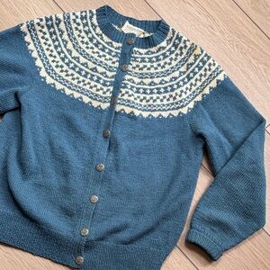 Blue and Cream Women's Cardigan Sweater